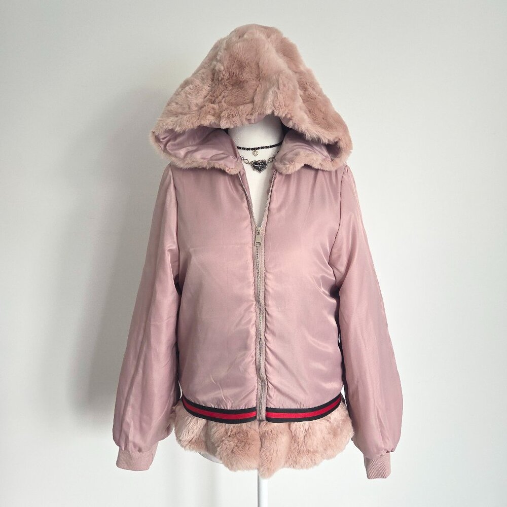 Y2K Pink Satin Faux Fur Bomber Jacket Small‎ Coquette Puffer Zip Up Hooded Coat